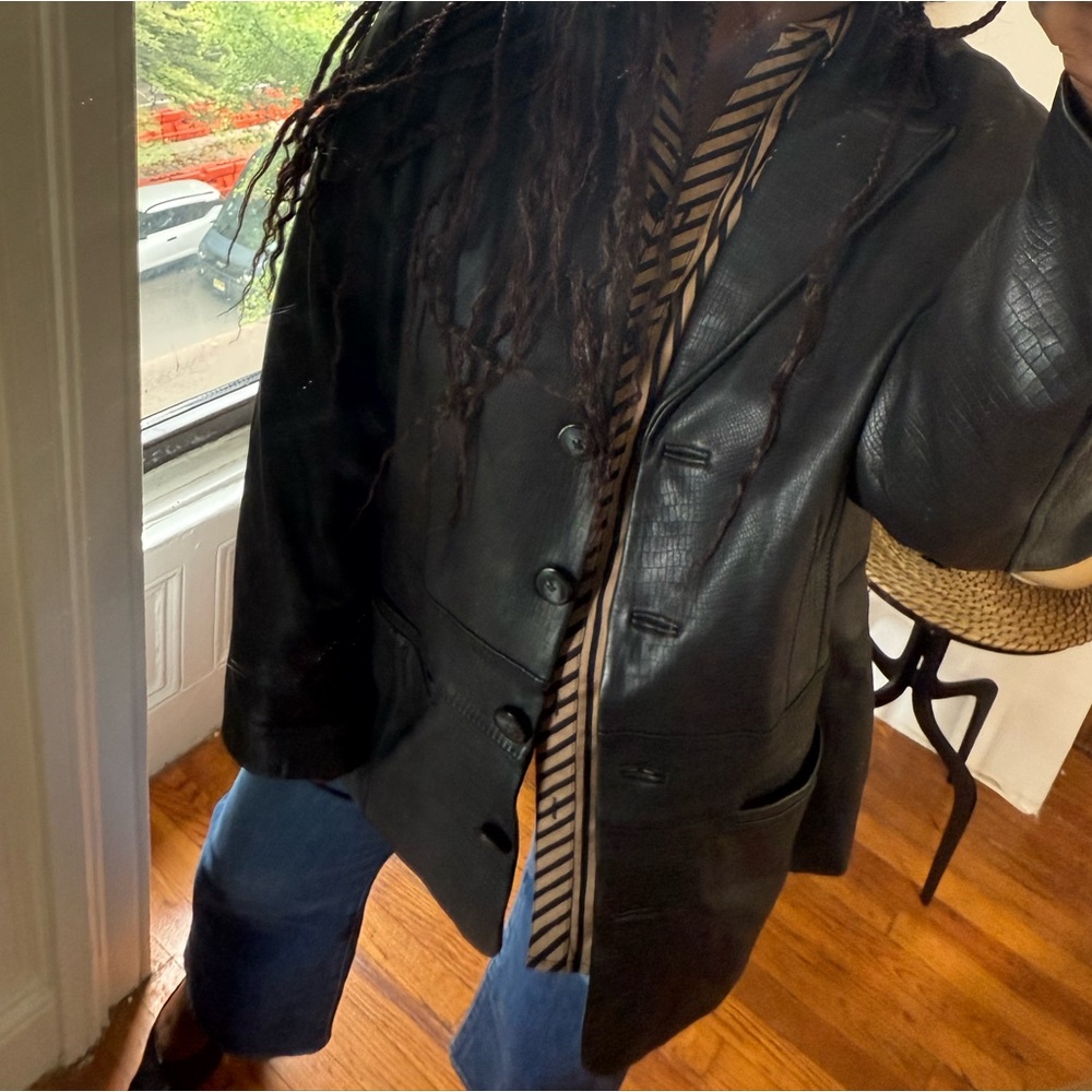 Alfani black leather snakeskin embossed print button down jacket